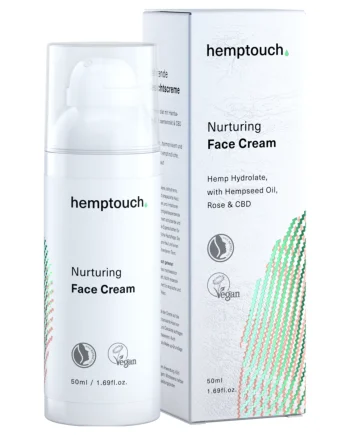 Hemptouch verzorgende CBD-gezichtscrème 50 ml: pompflacon en doos